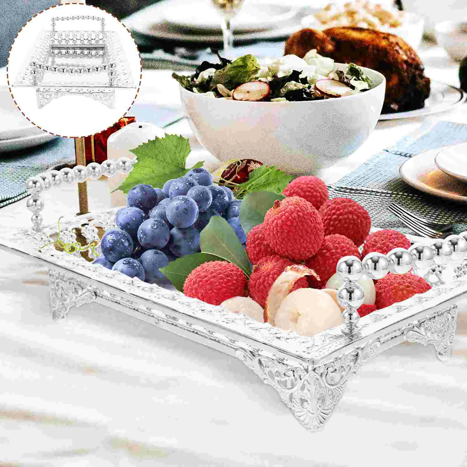 

Handle Metal Fruit Plate Goldendoodle Ornament Snacks Platter Silver Storage Holder