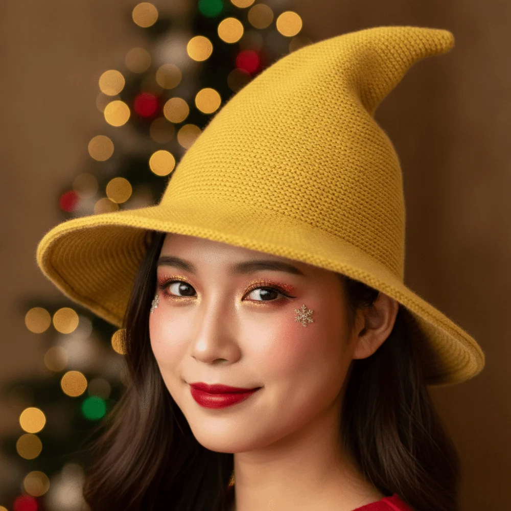 Halloween Beanie Knitted Witch Hat Pointed Top Solid Color Wizard Cap Crochet Texture Breathable Pointed Bonnet Teens