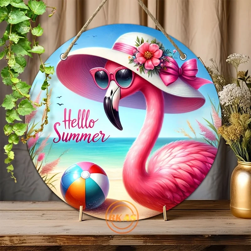 1 Stück Tropischer Flamingo Hallo, Sommer-Strand-Hängeschild aus Holz – kreisförmiges Girlanden-Design, dekoratives Plakette für die Haustür