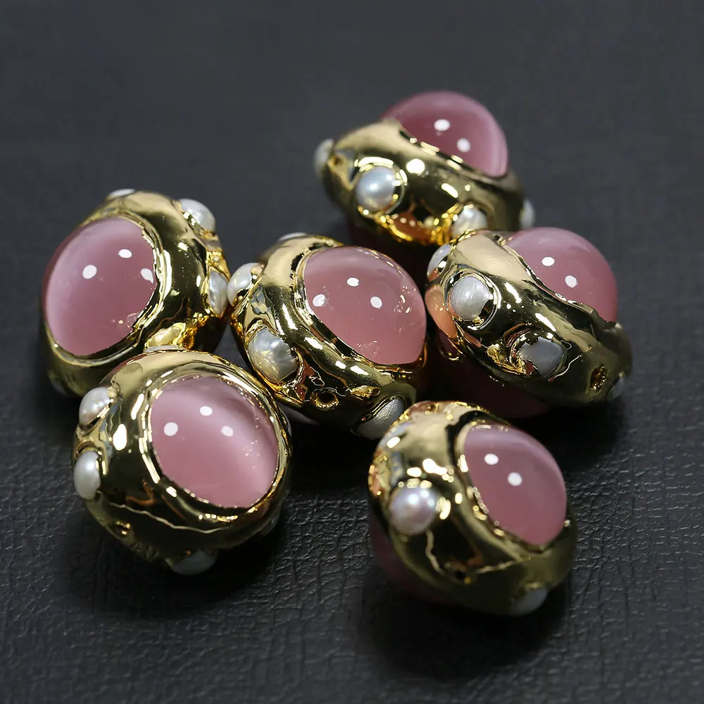 

5 Pcs Natural Pink Cat eye White Pearl Gold Plated Beads Jewelry Findings Loose Beads For Women Pendant Jewelry DIY