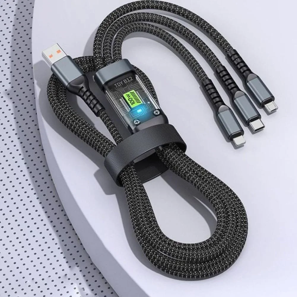 3 In 1 USB Charge Cable Micro Usb Type C 66w Spliter Cord Fast Charging Multiple Data Cable With Clear Screen