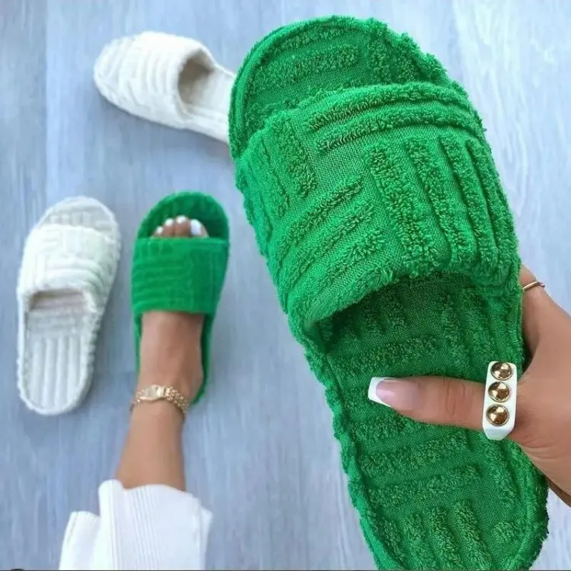 

women Luxury brands slippers one-word thick-soled warm furry women shoes embossed cotton drag outdoor all-match casual slippers