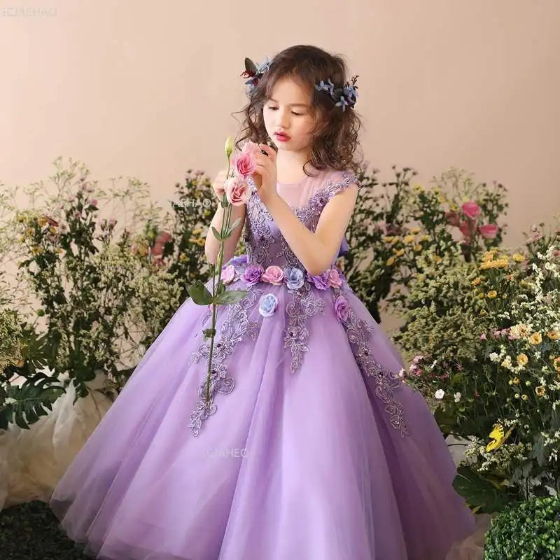 Purple Performance Kids Gown Girls Princess Puffy Dress Piano Recital Children Birthday Party Formal Celebration Evening Costume