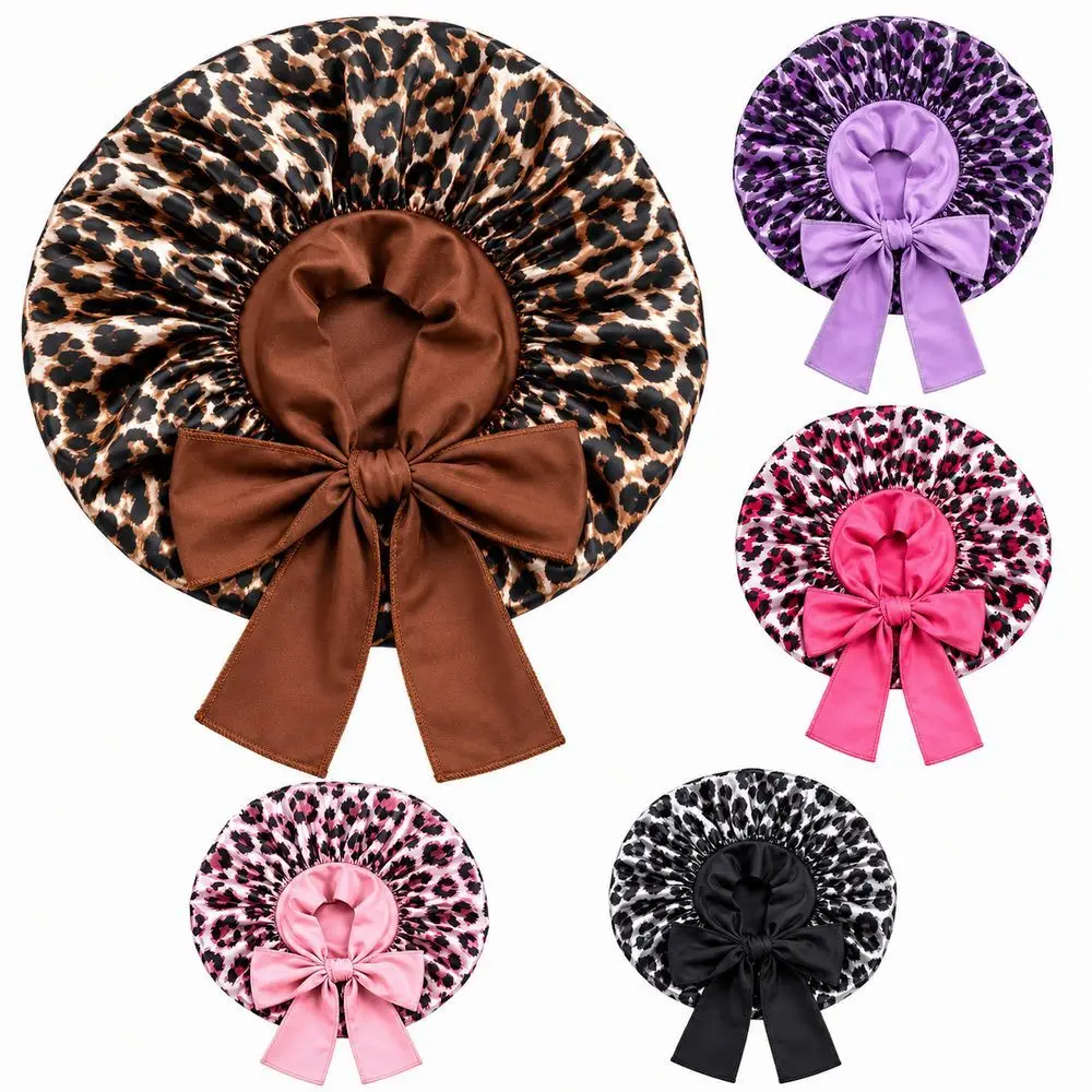 Silk Imitation Leopard Print Sleep Cap Breathable Comfortable Bowknot Decoration Satin Hair Bonnet Ribbon Sleep Bonnets