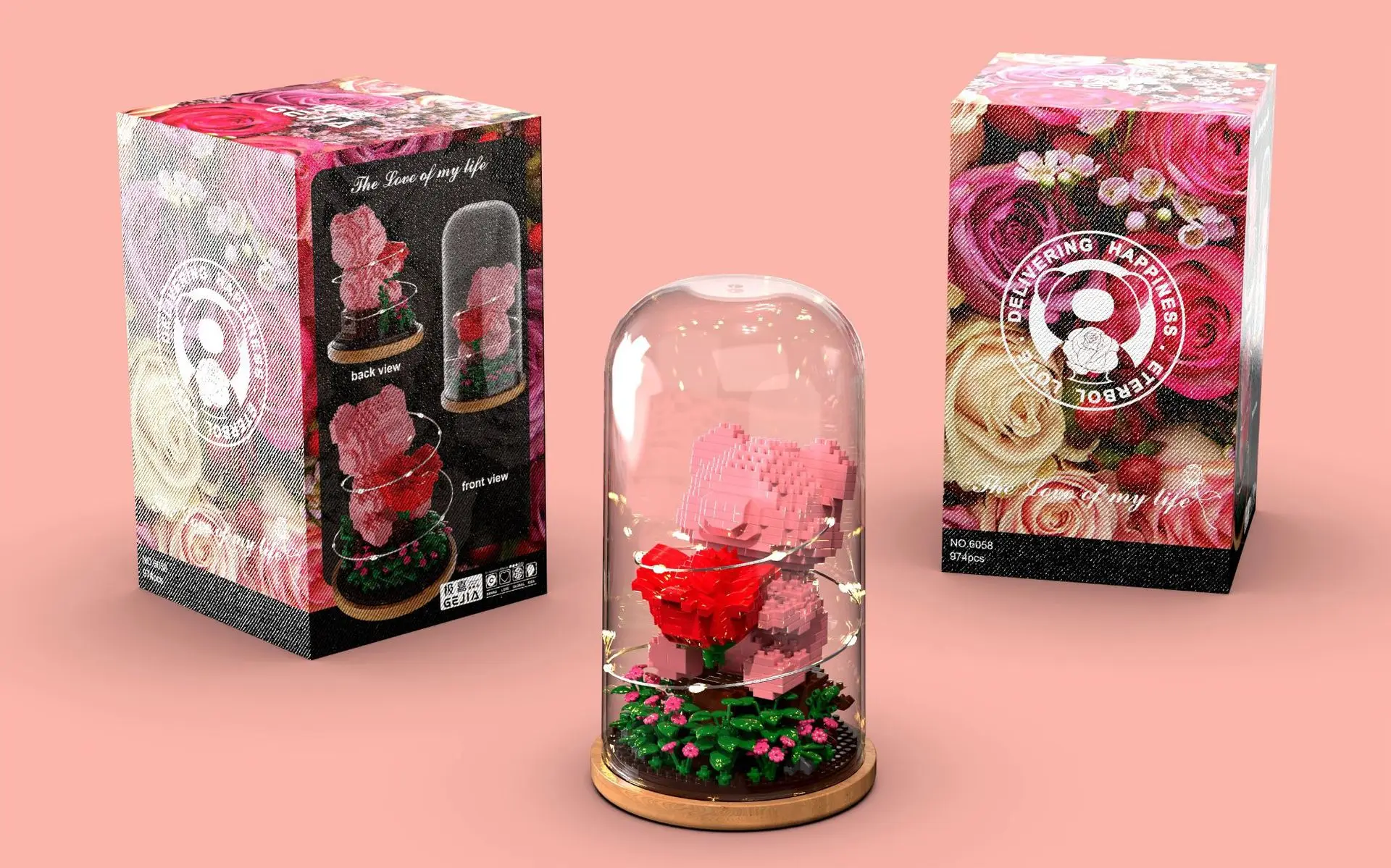 Bloques de construcción de flores de Micro Diamante, oso Rosa romántico, nanoladrillo, juguete de ensamblaje con luz para amantes, regalos de San Valentín