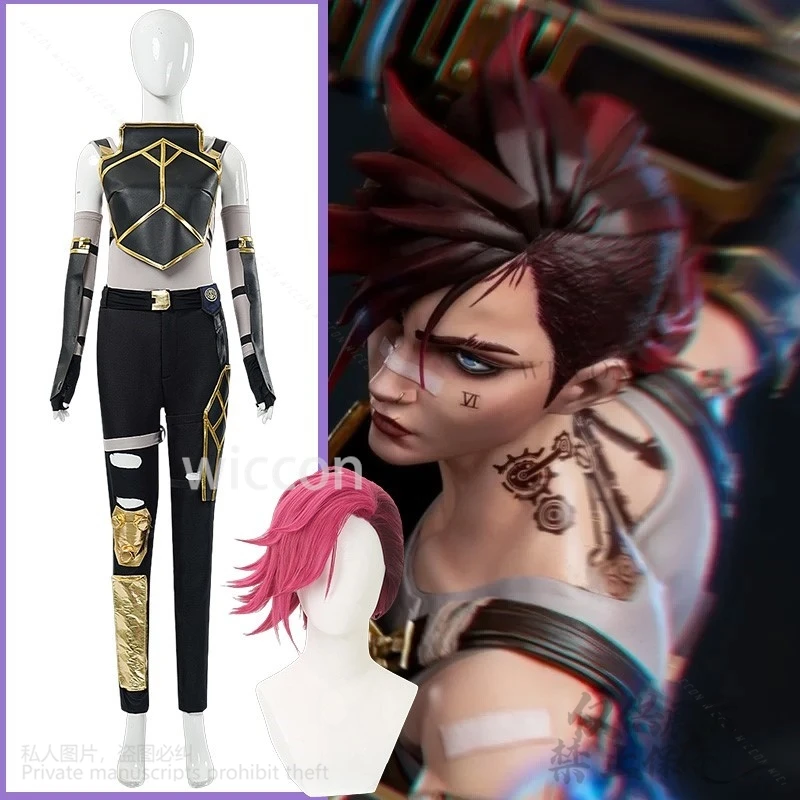 

@@#！Anime Arcane 2 Game LOL Vi COS Women Black PU Leather Top Pants Uniform Pink Wigs For Girls Woman Halloween Cos Customized