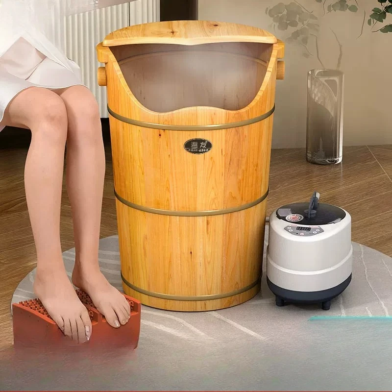 

Over knee household solid wood foot bath bucket Constant temperature traditional steaming foot fumigation wooden bucket