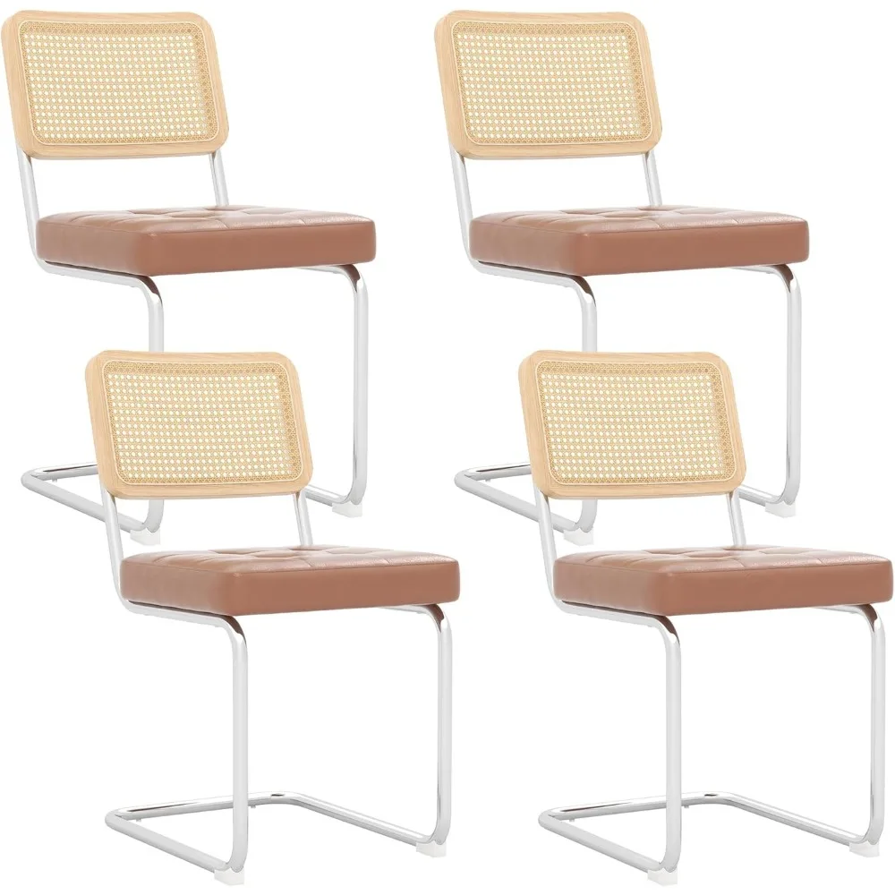 Modern Dining Chairs Set of 4, Faux Leather Rattan Dining Room Kitchen Side Chairs with Metal Legs and Upholstered Seat