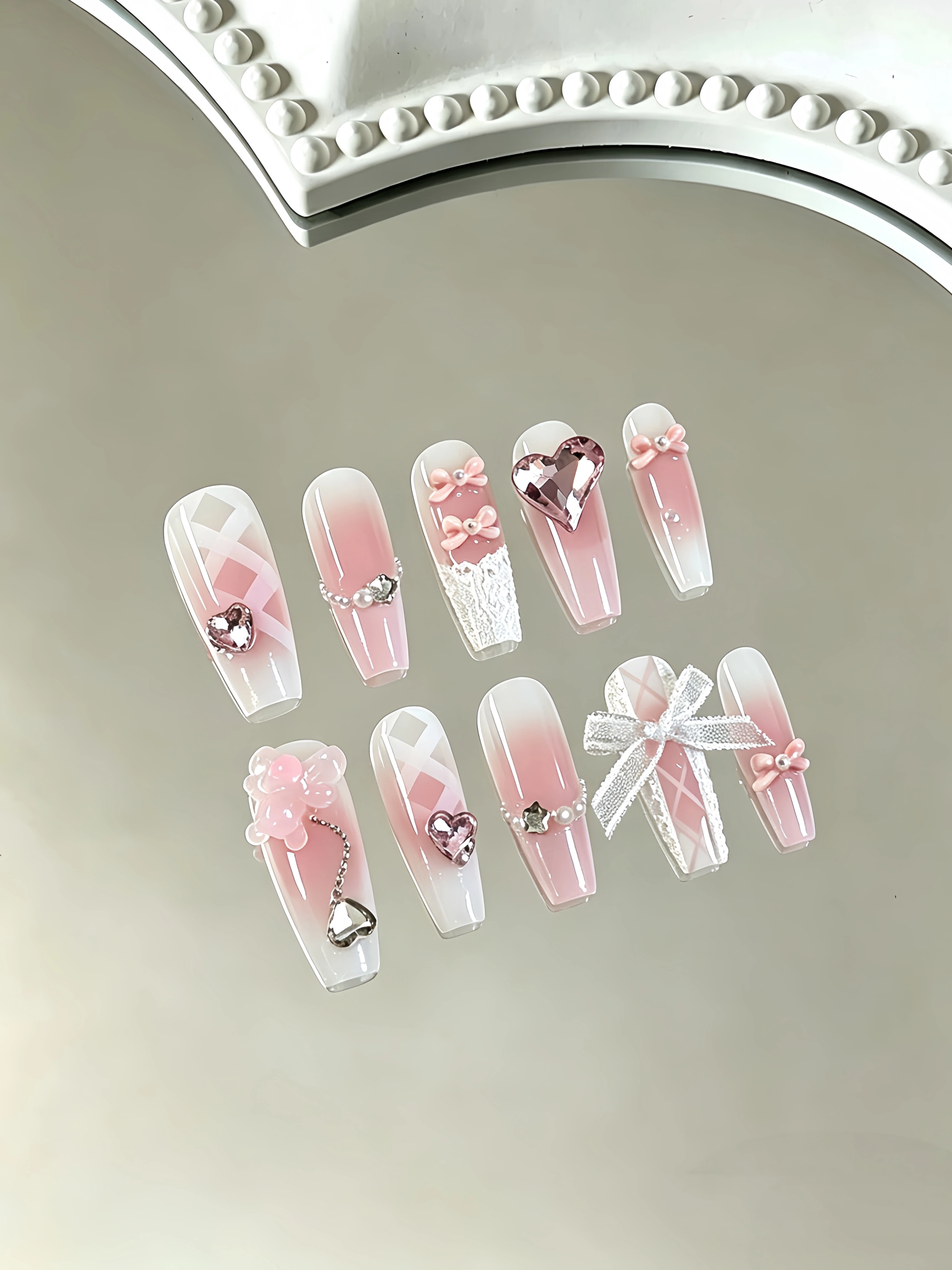 10-Piece Nail Set, Pink and White Gradient Ballet Style Press-On Nails, Gentle and Pure Beauty Nail Set, Bridesmaid Wedding Nail Art