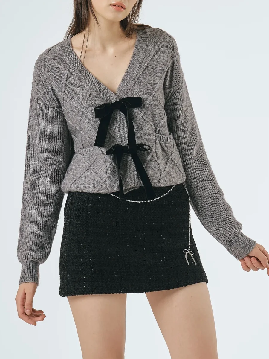 Women s Knit Sweater Casual Long Sleeve Bow Front Solid Color Cardigan Fall Sweater