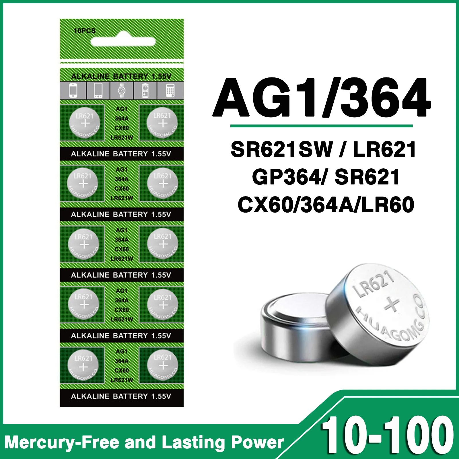 10-100PCS High Capacity AG1 364A LR60 SR60 LR621 SR621 SR621SW 364 164 CX60 Alkaline Button Cell 1.5V Watch Coin Batteries