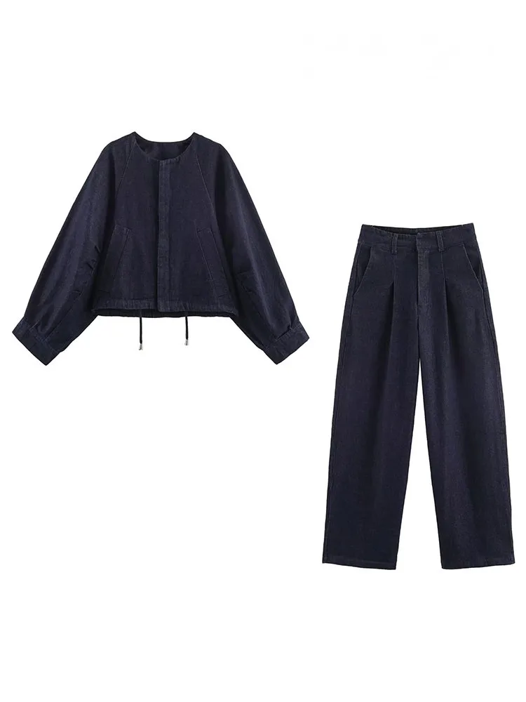 

HH Women Summer Fashion Drawstring O-Neck Single-breasted Long Sleeve Bomber Jacket+Pocket Pleat Zipper Denim 2-Piece Set