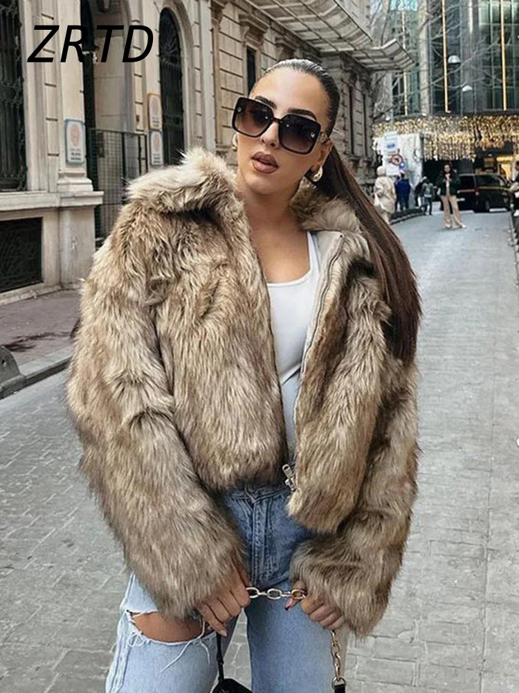 Luxury Faux Fur Women\'s Short Coats Fashion Lapel Zipper Long Sleeve Fluffy Thicken Jacket 2024 Winter Lady Street Loose Outwear