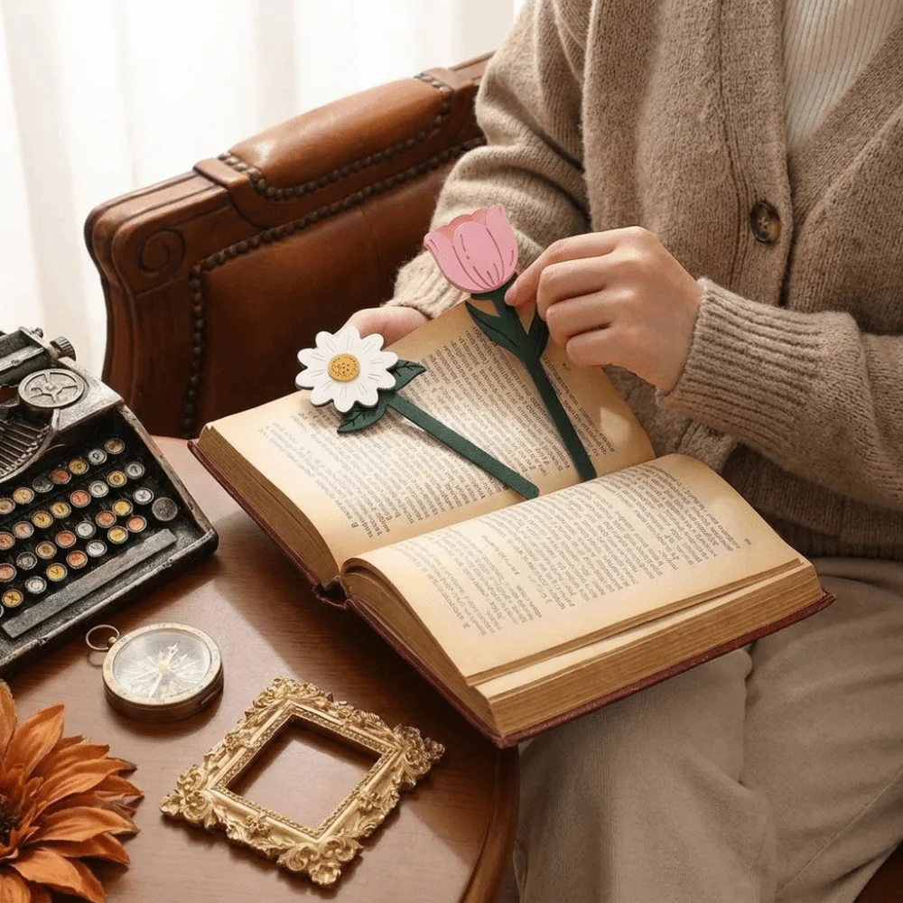 Cute Faux Leather PU Bookmark Soft Floral Patterns Page Marker Rose Sunflower Long Bookmark Writers