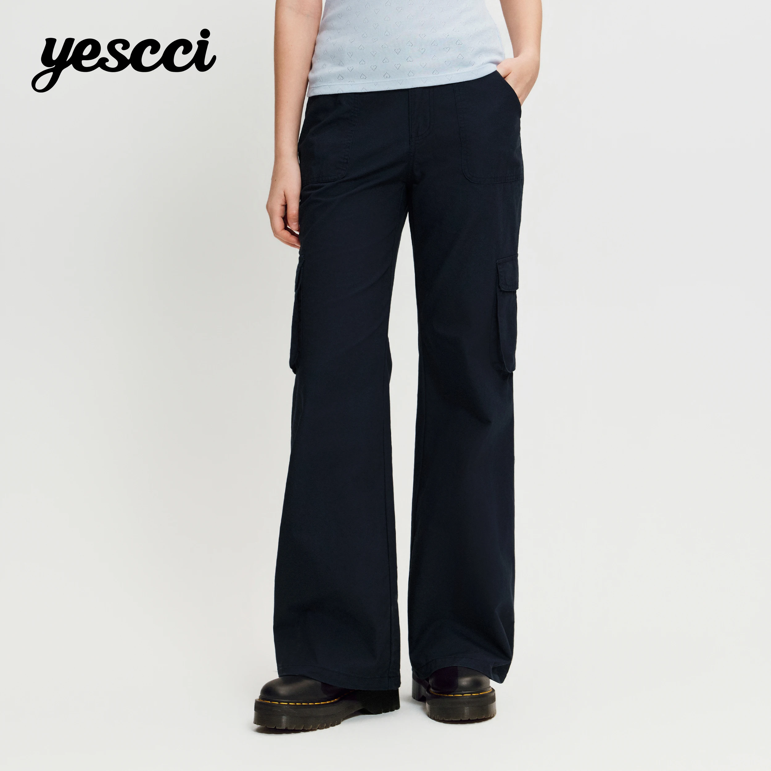 YESCCI Wide Pants 100% Cotton Washed Soft Lightweight Breathable Flare Cargo Pants Autumn Multi‑Pocket Woman Trousers S56441345
