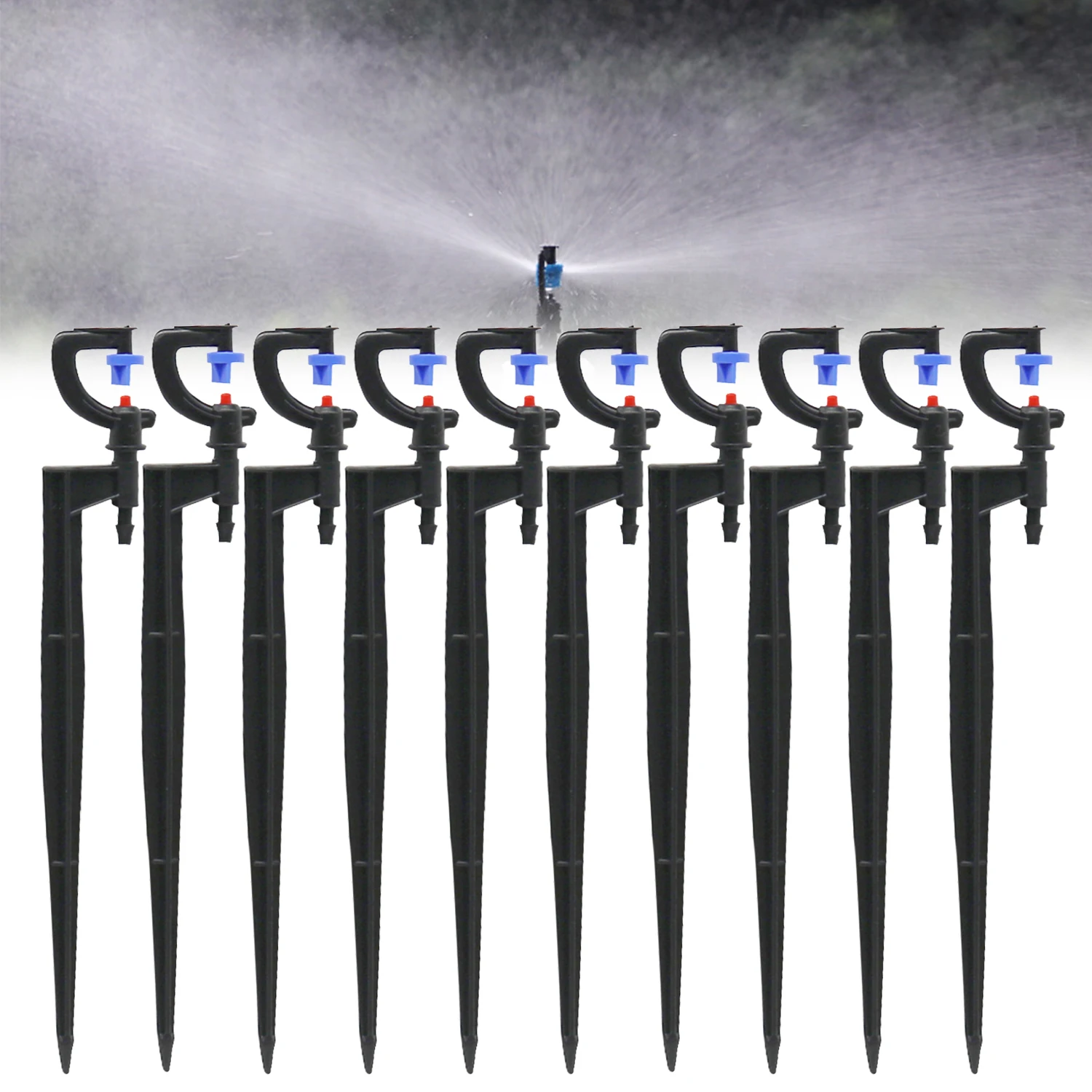 10Pcs G-Type 180° Refraction Spray Nozzle with 19cm Stake for Garden Greenhouse Micro Watering Irrigation 1/4'' Barb Sprinkler
