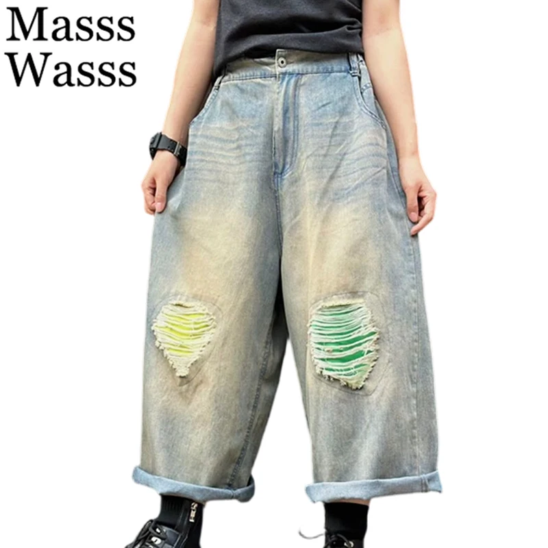 

Летние женские модные джинсы Masss Wasss с дырками, широкие брюки, свободные винтажные джинсы для отдыха, классические брюки с эластичной талией
