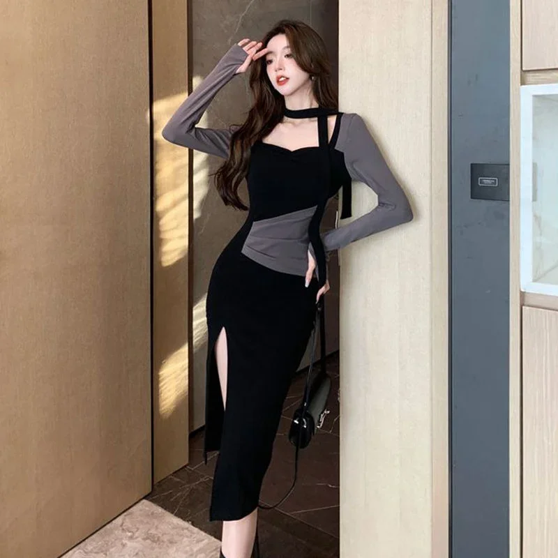 2023 frühling Würzige Mädchen Langarm Sexy Split Lange Kleid für Frauen Koreanische Mode Slim Fit Temperament Elegante Wrap Hüfte kleid