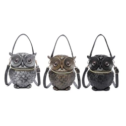 Female Black Shoulder Bag with Owl Embossed Handbag Crossbody Bags