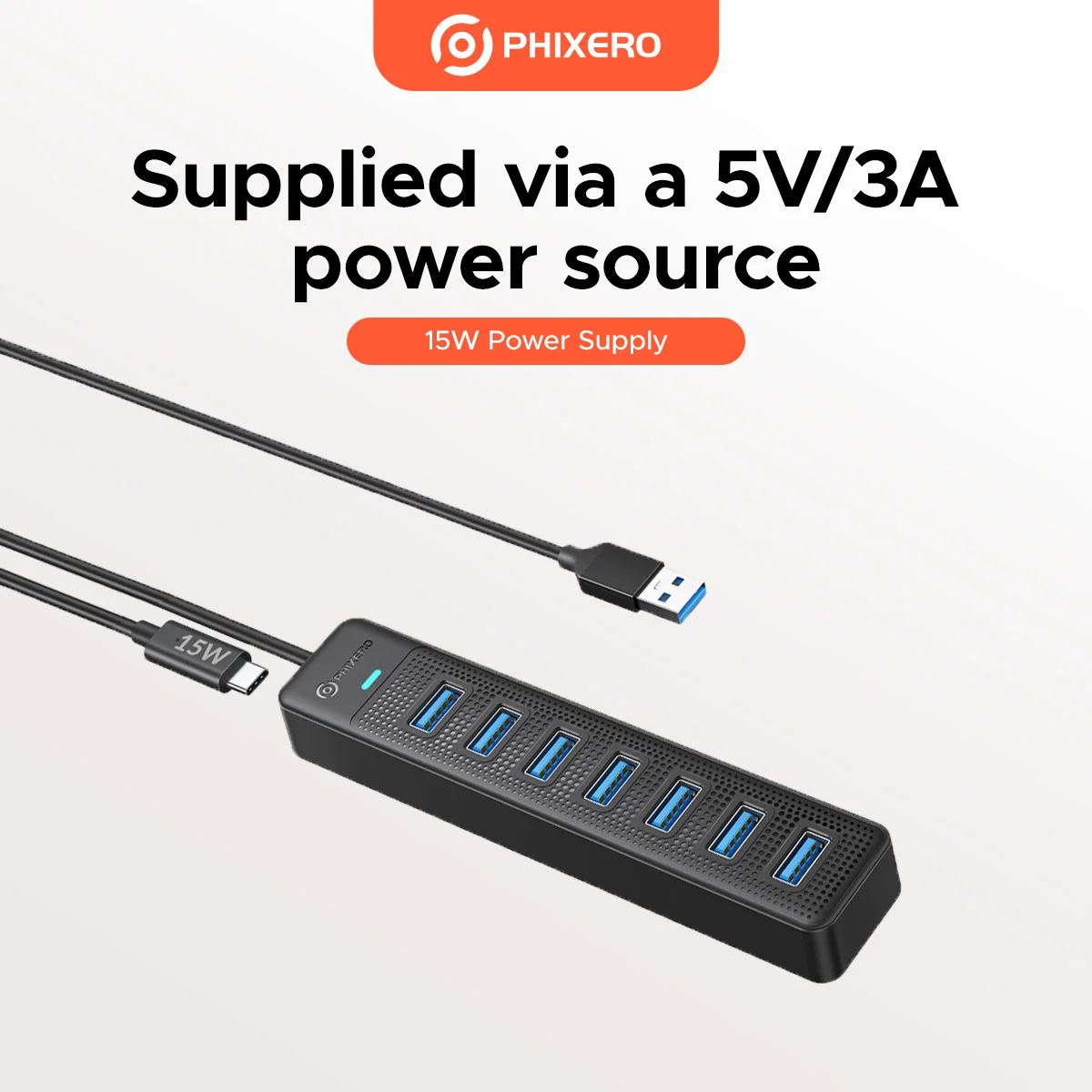PHIXERO 7-port USB 3.0 Hub 5Gbps USB A Type C for Macbook Pro 13 Air Mi Pro PC Laptop