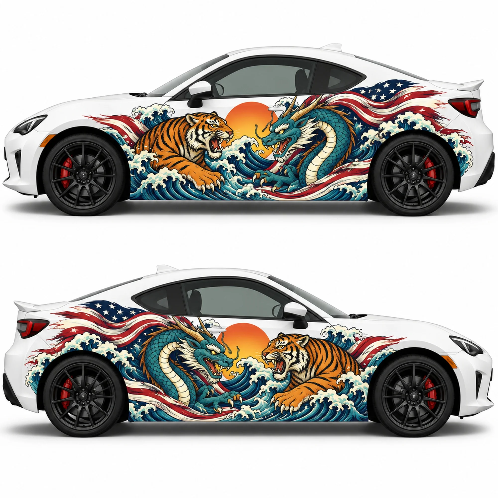 2 PCS Tiger Dragon American Flag Wave Car Side Decals, Die-Cut Vinyl Sticker Set
