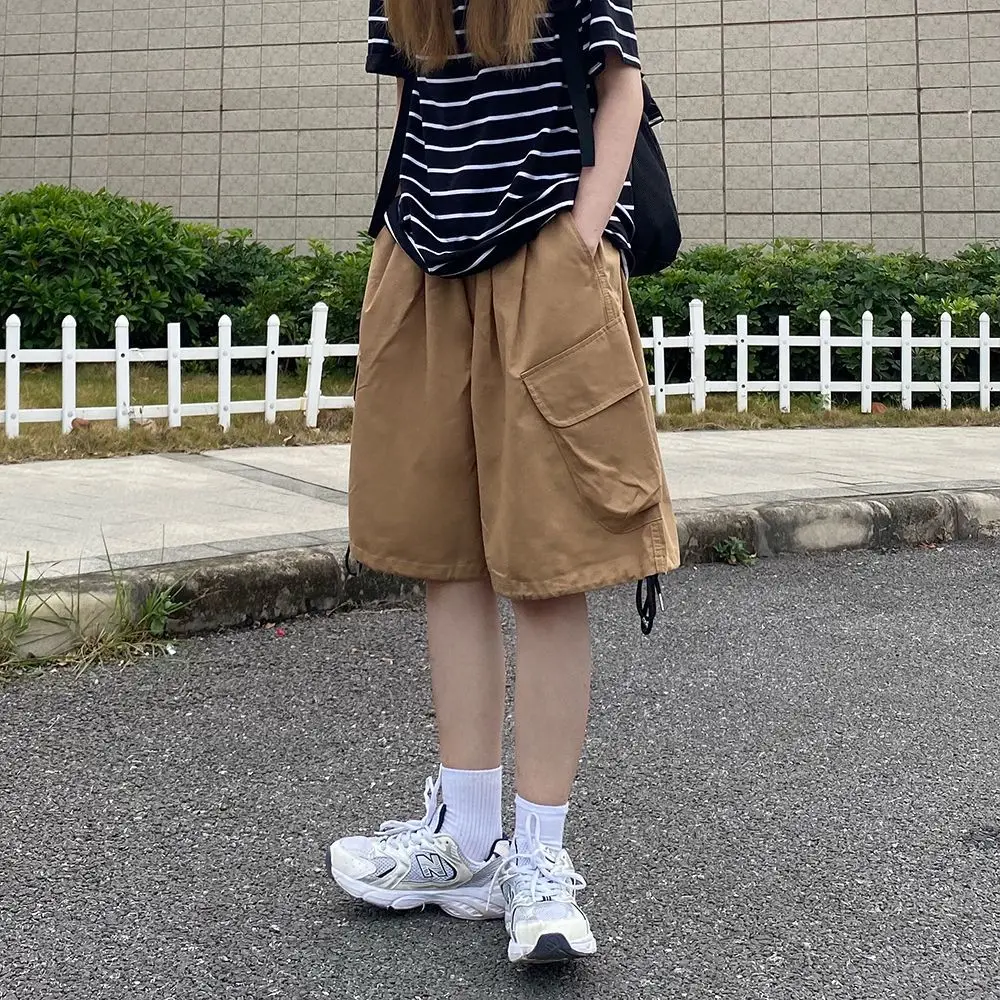

Thin Style Trousers Lady Summer Loose Vintage High Waisted Solid Color Elastic Waist Pocket Pulling Rope Wide Legs Casual Shorts