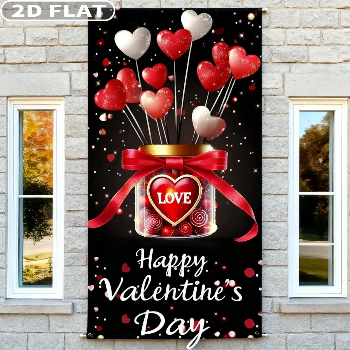 

2D FLAT 1pc Valentine's Day Heart Shape Party Packs Door Banner, 3x6 FT Red And Multicolored, Polyester Flag Banner