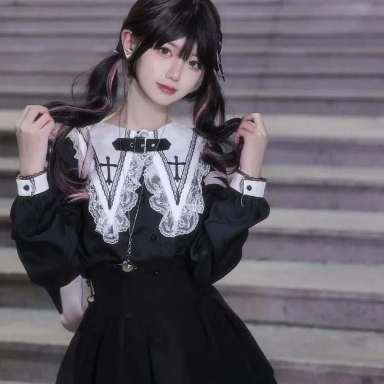 Victorian Gothic Lolita Blouses Japanese Sweet Lace Ruffles Embroidery Sailor Collar Shirt Women Punk Style Y2k Long Sleeve Tops