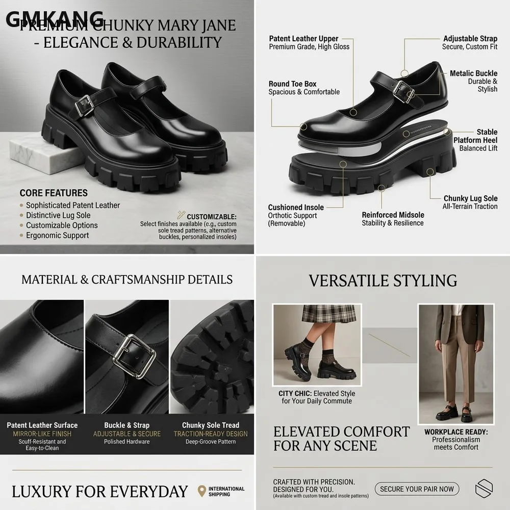 GMKANG Mary Jane Shoes Round Toe Adjustable Buckle Strap Platform Thick Sole Patent Leather Casual Street Fashion