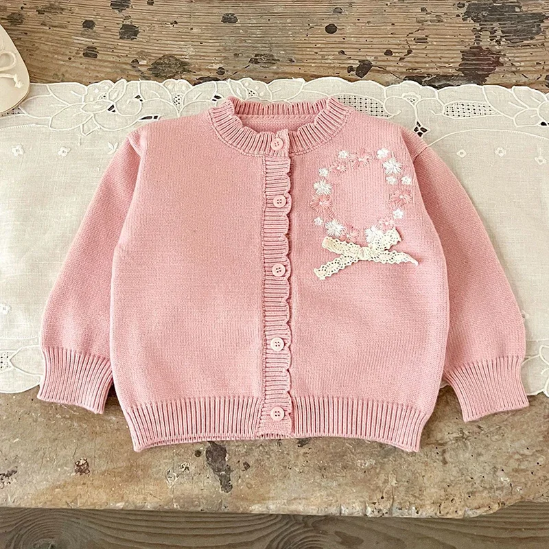 2026 ربيع جديد طفل رضيع الحياكة سترة الرضع طفل الفتيات الحياكة سترة طويلة الأكمام الأزهار التطريز سترة معطف