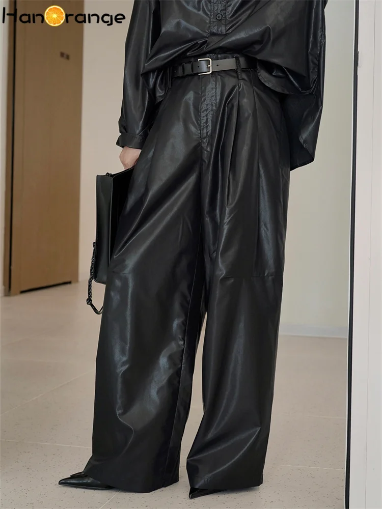 

HanOrange 2024 Spring Fashion Modern High Waist Wide Leg Glossy Pants Women Loose Silhouette Trousers Black