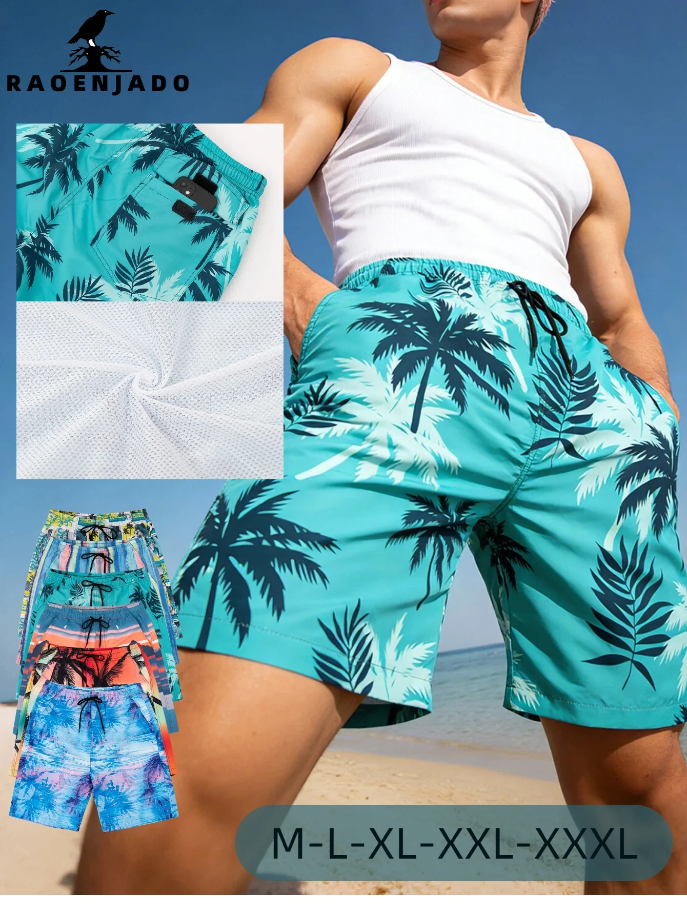 Men's Beach Shorts Tropical Pattern Quick-Dry Hawaiian Style Casual Swim Trunks with Elastic Drawstring Waist and Mesh Lining