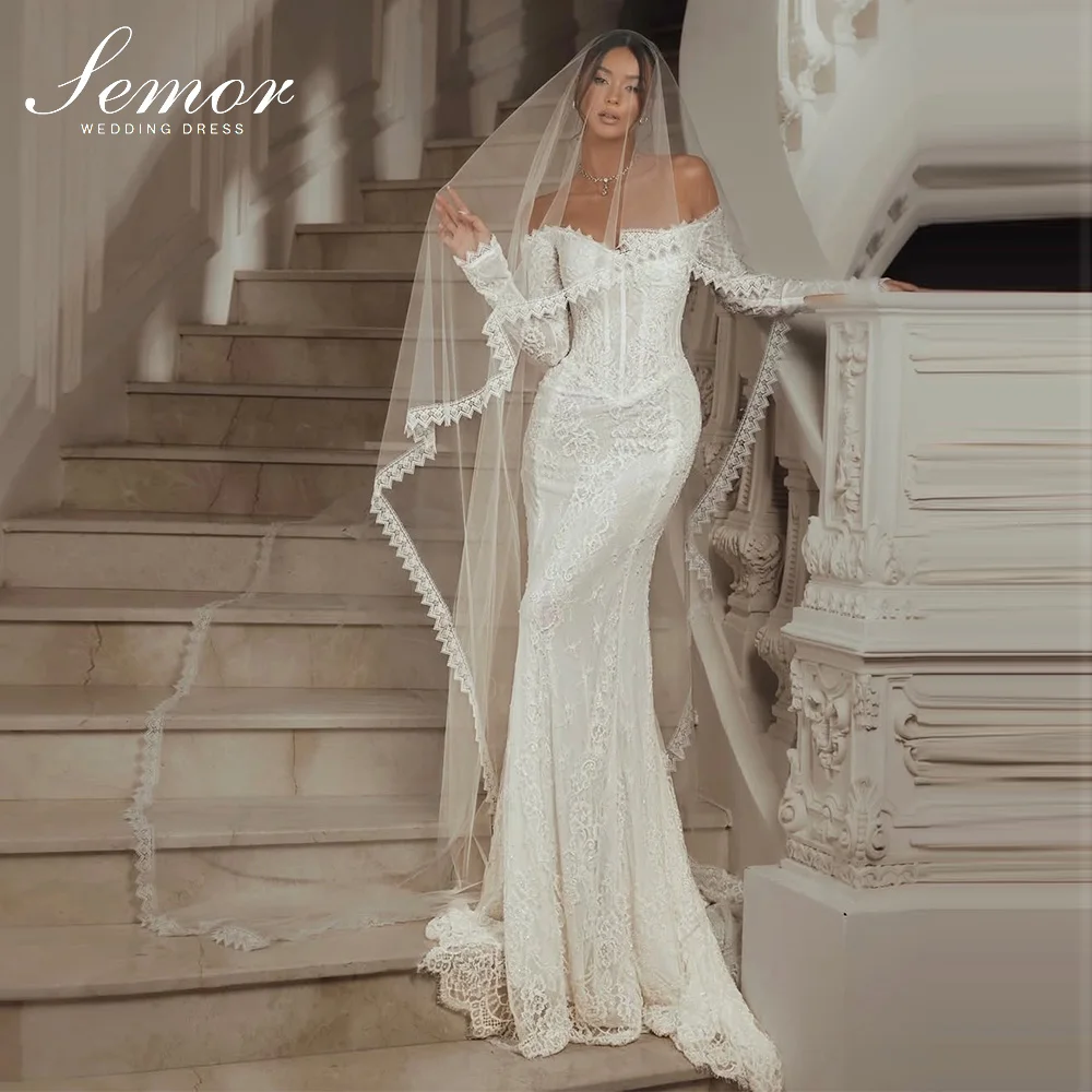 Semor Exquisite Spitzenapplikation Meerjungfrau-Brautkleider Schulterfrei V-Ausschnitt Langarm Bohemia Vestidos De Novia Maßgeschneidert