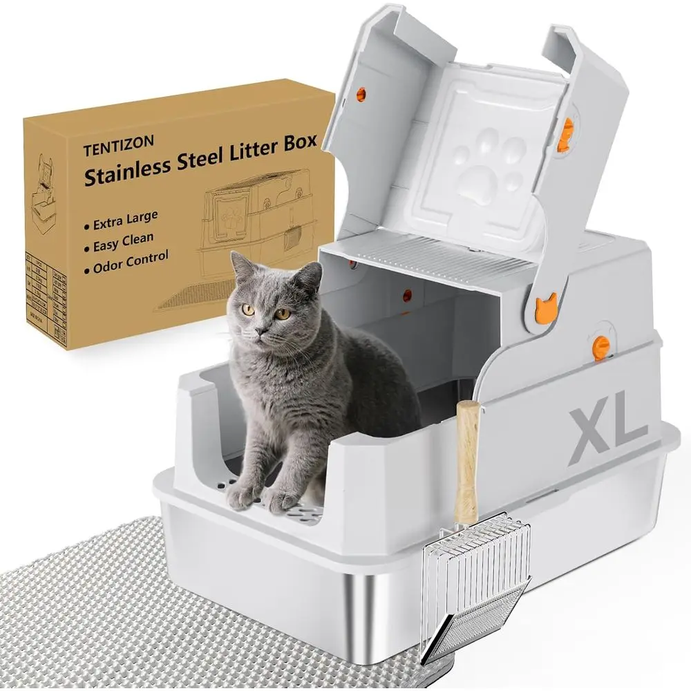 Large Covered Stainless Steel Cat Litter Box with Lid, High Sides, Litter Mat, Scoop Included, Suitable for Big Cats and Kittens