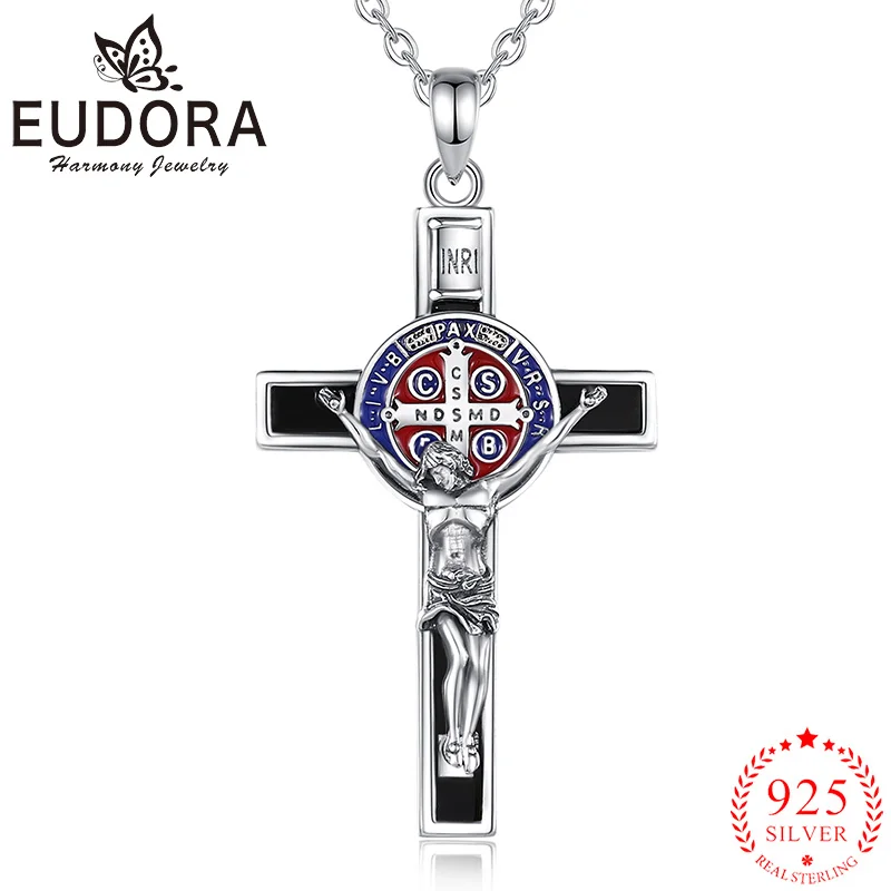 Eudora 925 Sterling Silver Jesus Cross Necklace Enamel Amulet Saint Benedict Pendant Religious Jewelry Gift for Men Women