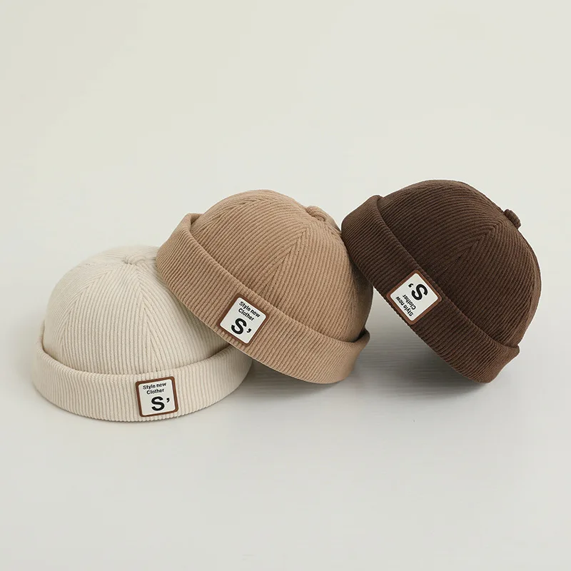 Winter Corduroy Baby Brimless Hat Solid Color Letter Toddler Beanie Cap Autumn Adjustable Kids Boy Girl Melon Hats