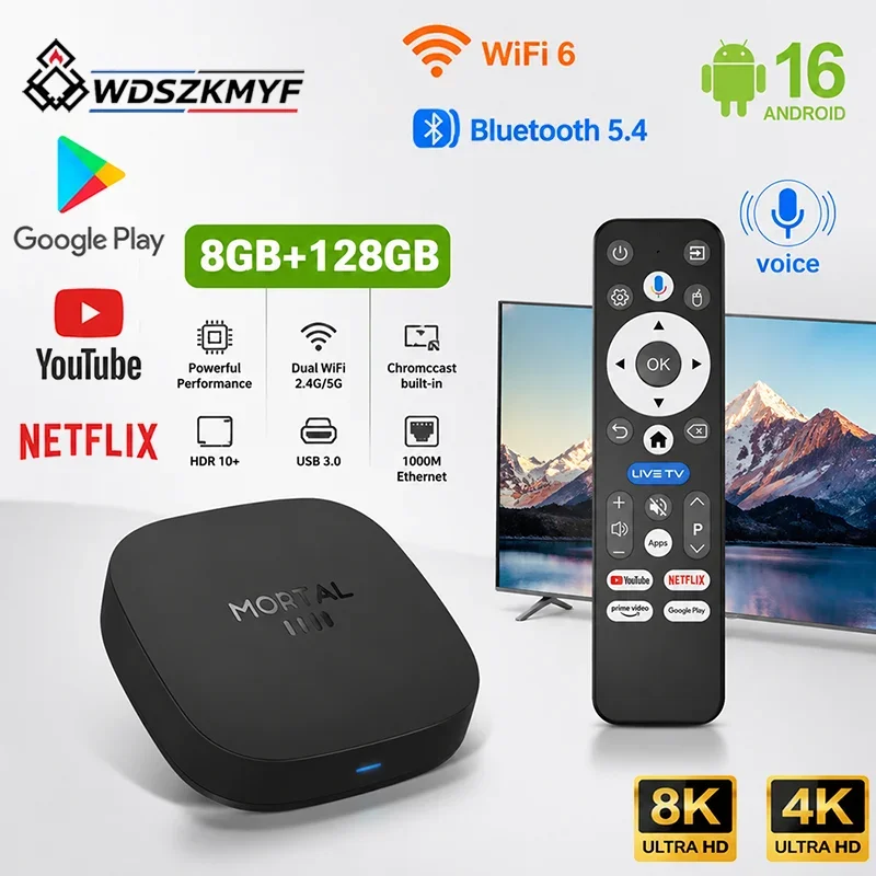 4K/8K UHD T1+ Smart TV Box Android 16.0 RK3518 Quad‑Core Media Player 8GB +128GB WiFi6 Streaming Media Box For Netflix YouTube