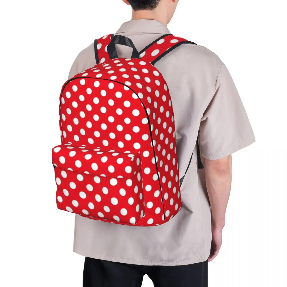 Imagem -06 - Mochila de Viagem de Poliéster Unisex Mochila de Bolinhas Vermelha e Branca Estampa Retro Casual Mochila Escolar Respirável