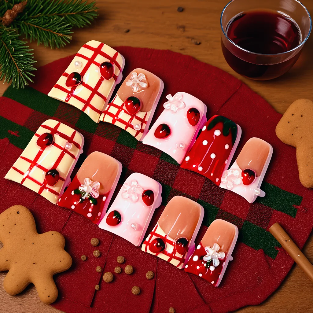 

Handmade Christmas Sweet Press On Nails Plaid Berry Decor Festive Vibe Reusable Nails