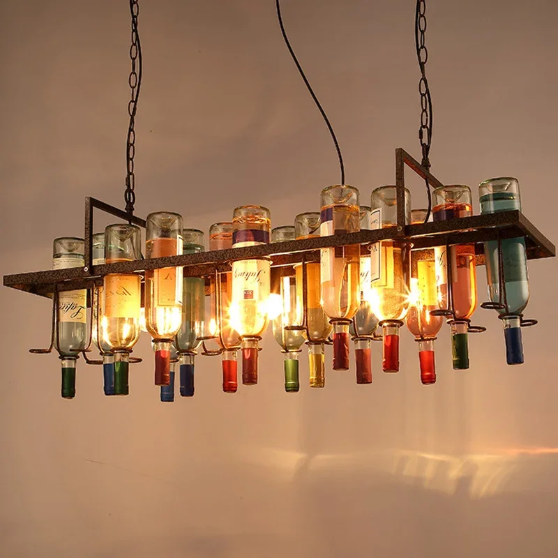 Vintage Retro Wine Bottle Iron LED Pendant Light LOFT Hanging Creative Chandelier Bar Restaurant Cafe Kitchen Decor Pendant Lamp