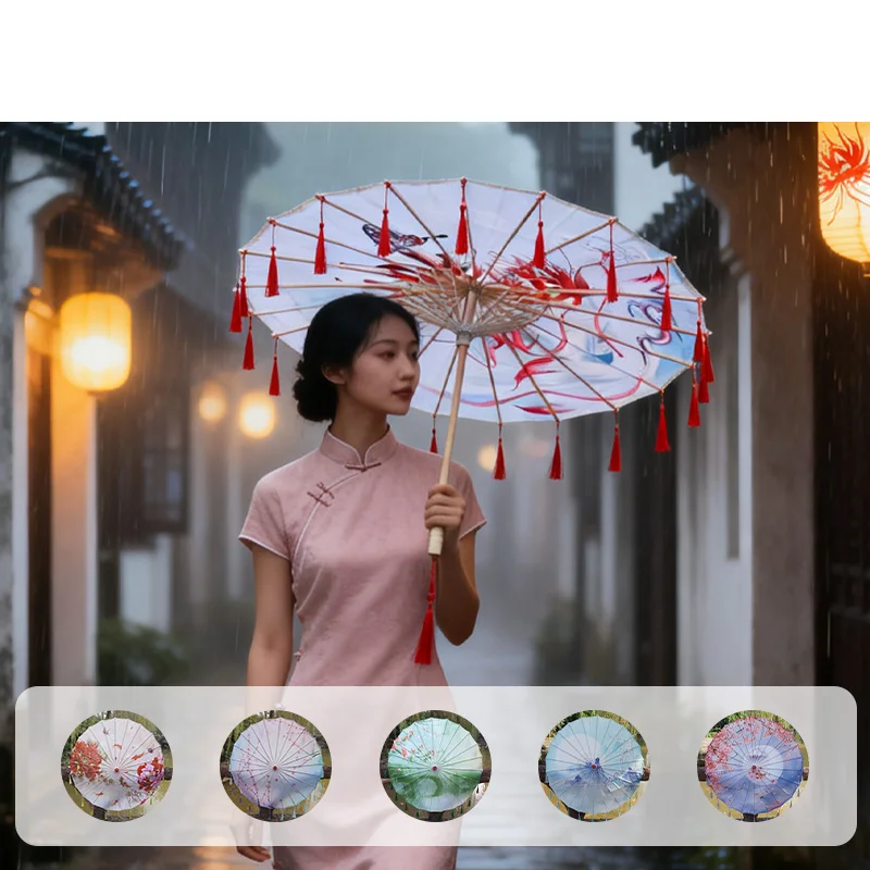 82cm Chinese Dance Performance Silk Cloth Umbrella with Tassel Classical Hanfu Oil Paper Umbrella Ancient Parasol Paraguas