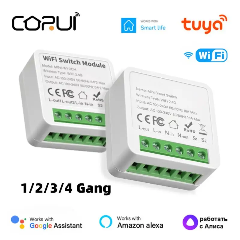 CORUI Tuya WIFI 1/2/3/4 Gang Smart Switch Module Mini Smart Life 2 Way Control Switch For Alexa Google Home Alice Voice Control