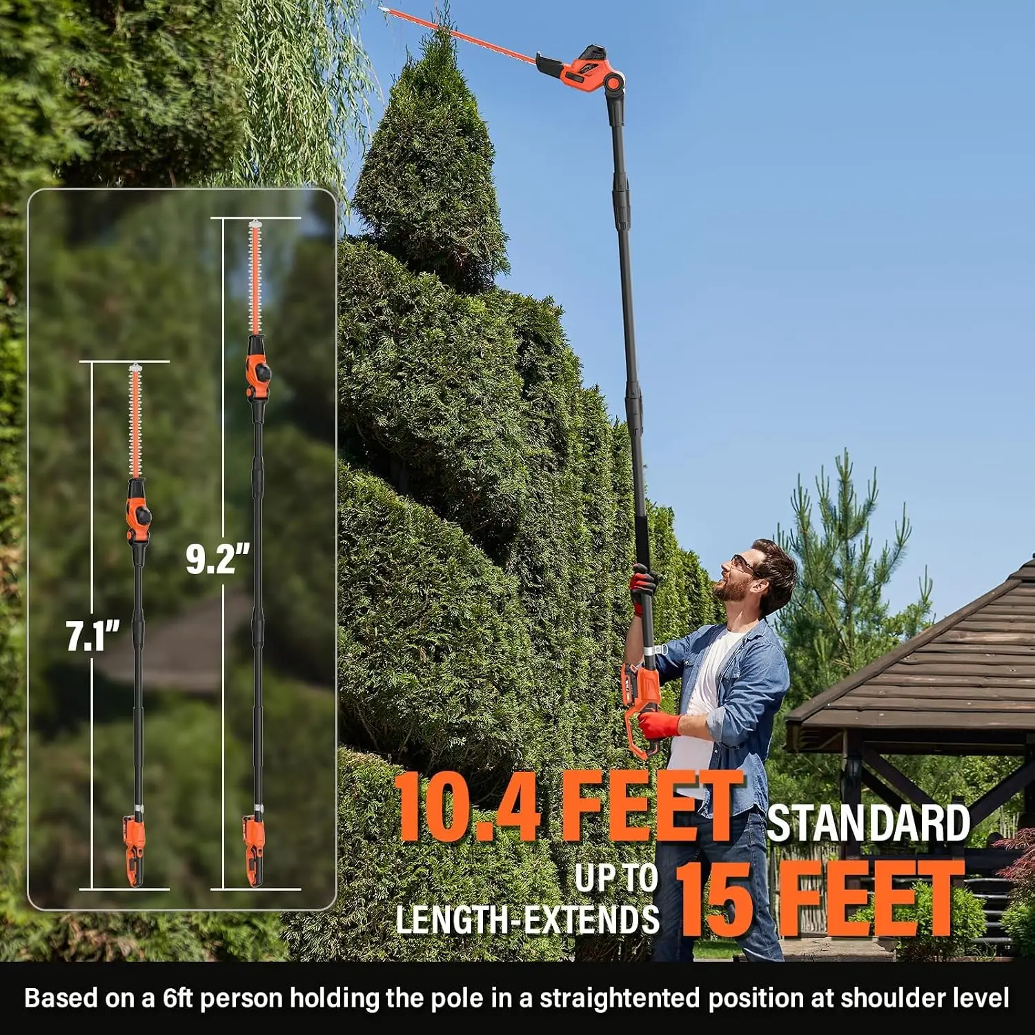18 Inch 20V Cordless Pole Hedge Trimmer, 2 X 2.0Ah Battery & Charger | 15-Foot Max Reach, 31ft/s Cutting Speed, Tool-Free