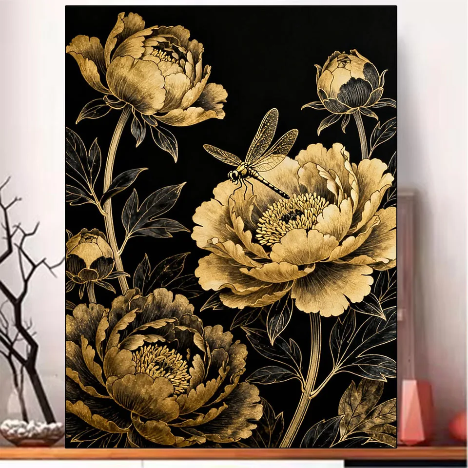 

New 5D Diamond Painting Art Black Gold Flower Painting Full Diamond Mosaic Embroidery Rhinestone Home Decoration