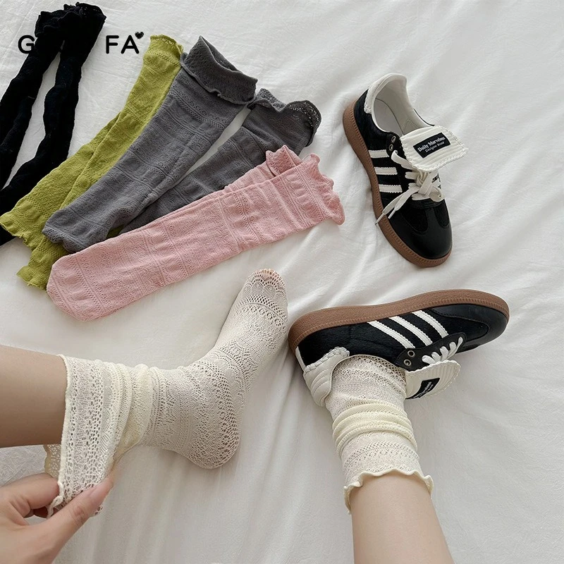 Lace Mesh Ruffle Plain Mid-calf Women Socks Cute Cotton High Elasticity Lolita JK Thin Breathable in Spring Summer Stacking Sox