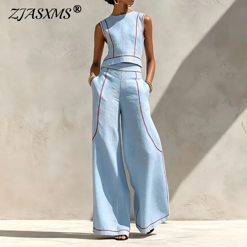 Elegantes O-Ausschnitt Gestreiftes Set Ärmelloses Crop-Top Hochgeschnittene Hose mit Taschen Weites Bein Anzug Damen Sommer Lässiges Zweiteiler-Outfit