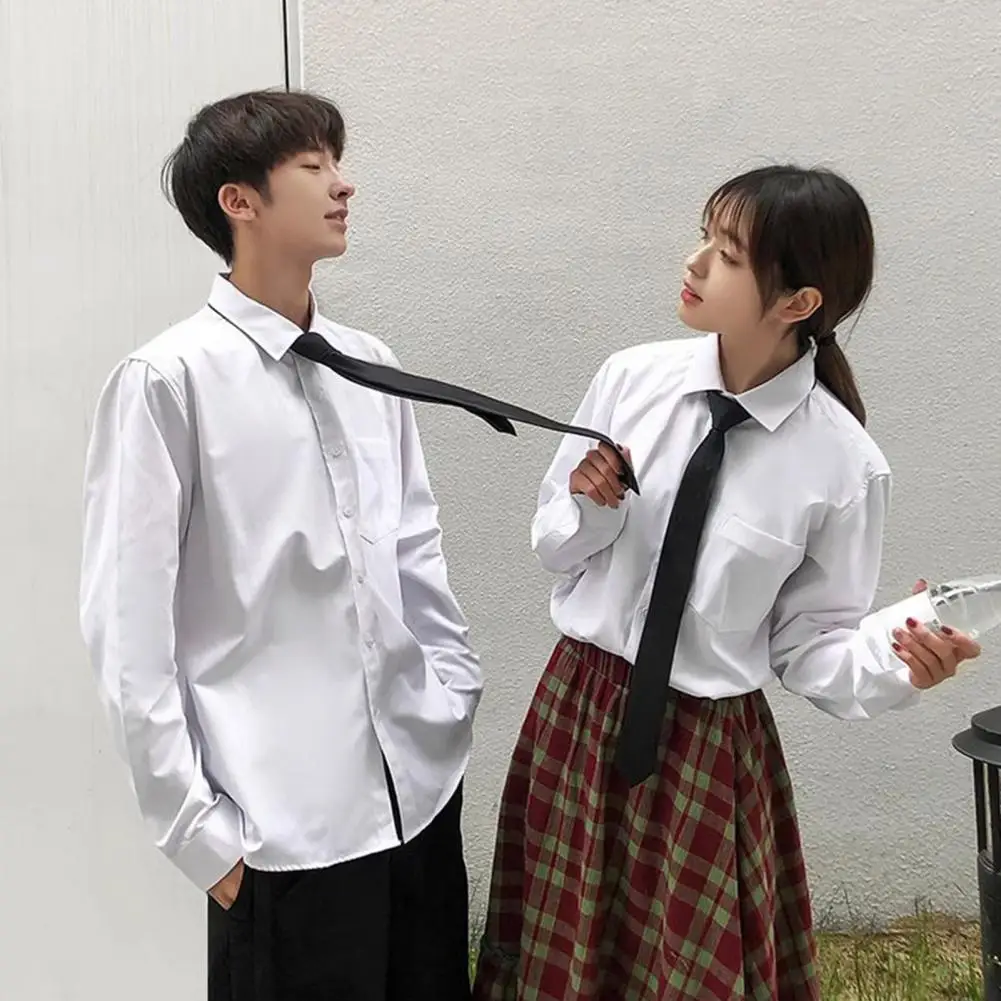 Spring Men Shirt With Tie And Chest Pocket School Young Men Lapel Shirt Single-breasted Long/Short Sleeves Loose Mid Length Pure