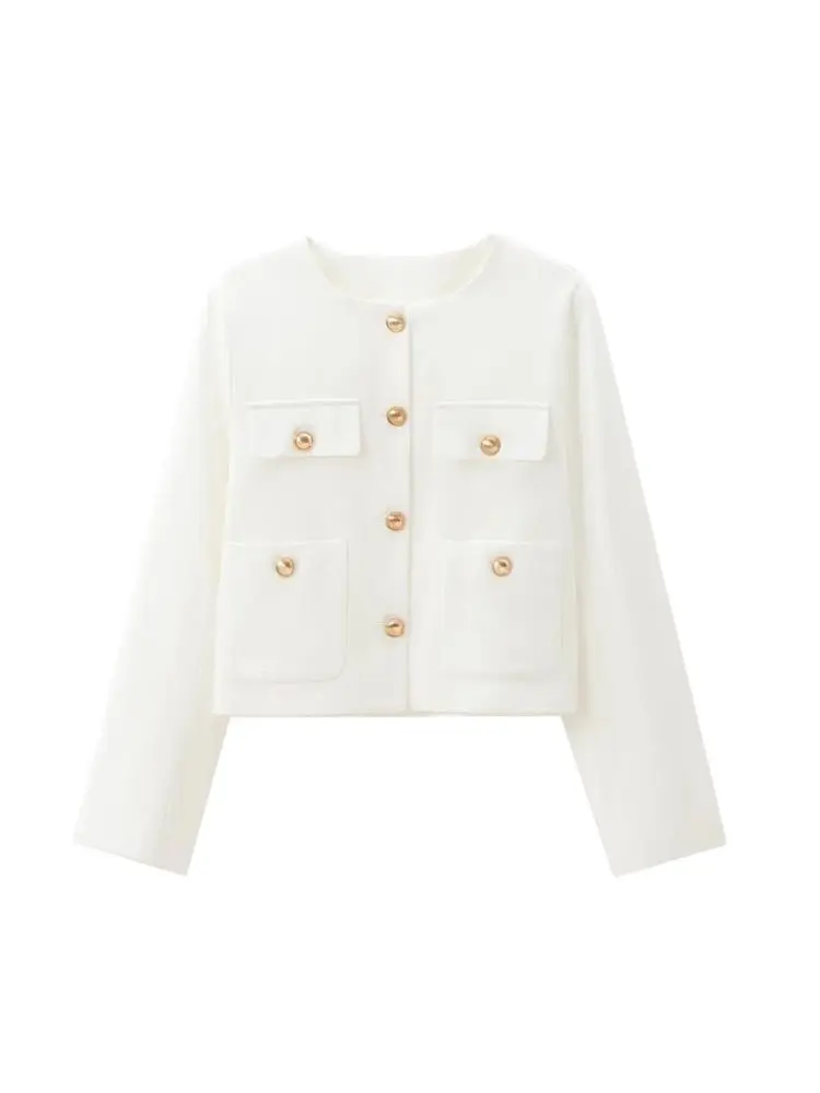 Cropped Jacket with Golden Buttons for Women, O Neck, Long Sleeve, Female Outerwear, Chic Tops, Fashion