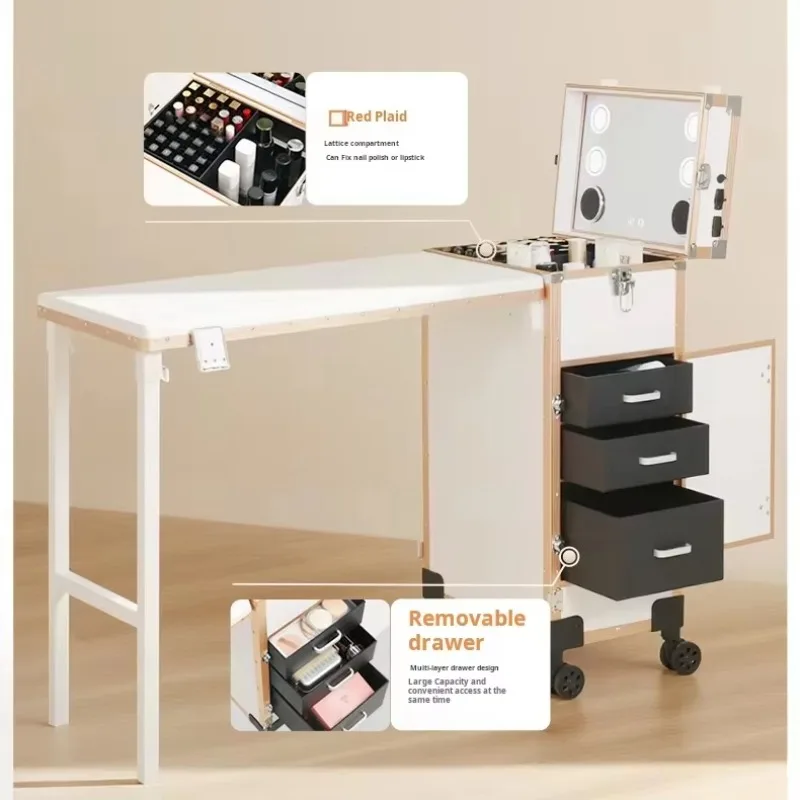 Factory Direct 2026 Portable Rolling Manicure Table for Nail Teach Foldable Traveling Nail Desk Table with Mirror Makeup Train