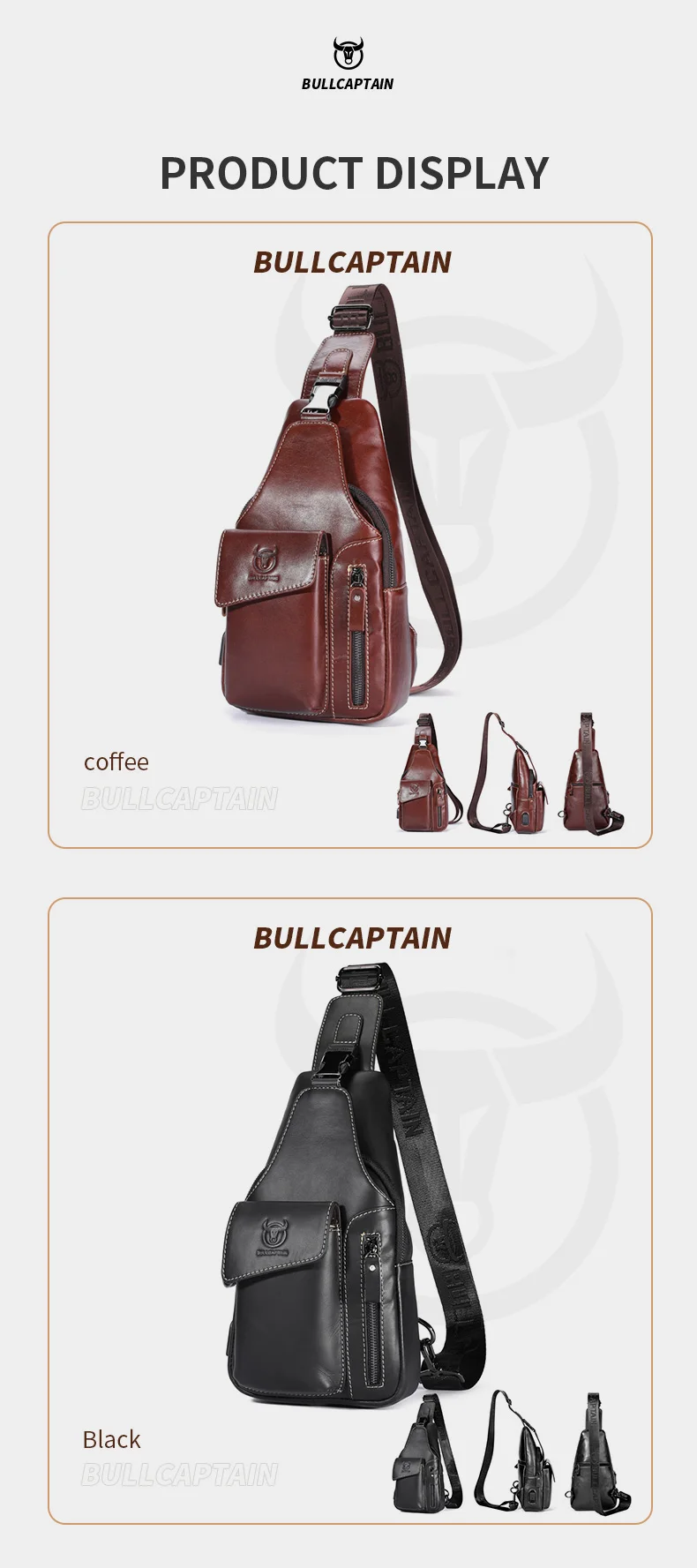 BULLCAPTAIN Echtleder Sling-Rucksack für Herren USB-Ladeanschluss Brusttasche Crossbody Schultertasche Lässiger Tagesrucksack für Arbeit und Reisen – Detail 13